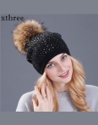 [Xthree] kobiety zima beanie kapelusz futra Królika wełny dzianiny kapelusz kobiet z norek pom pom Shining rhinestone kapelusze 