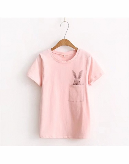 LUNDUNSHIJIA 2017 Lato T-shirt Kobiety Lady Top Odzież Bawełniana Koszulka Kobiet Drukowane Kieszeń Królik Góry Słodkie Koszulki