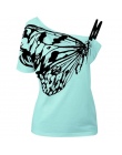 RENBANG Nowy Lato Sexy Panie Ukośne Ramię T Shirt Butterfly Wydrukowano Pasek Krótki Rękaw Bluzki Kobiet Topy Tees Plus Size 5XL
