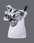 RENBANG Nowy Lato Sexy Panie Ukośne Ramię T Shirt Butterfly Wydrukowano Pasek Krótki Rękaw Bluzki Kobiet Topy Tees Plus Size 5XL