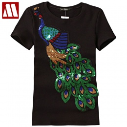 Modny bawełniany t-shirt bluzka damska krótki rękaw dekolt w serek okrągły z nadrukiem cekiny paw