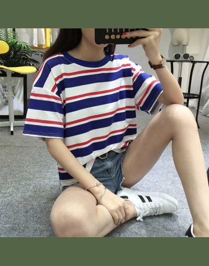 Harajuku 2018 Lato Moda Hit Kolor Paski T-Shirt Kobiet Luźne O-Neck Śliczne Casual T koszula Dziewczyny Ulicy Kostium dla Kobiet