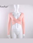 ForeFair 2018 Tendencja Krzyż Dekolt Sexy Crop Top Kobiety Szczupła Bluzki Z Długim Rękawem Czarny Biały Fioletowy Panie Jesień 