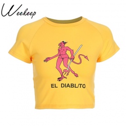 Weekeep Seksowna Szczupła Talia Przycięte Koszulkami Kobiet Moda Bawełna Cartoon Druku t koszula Lato Żółty Dzianiny Diabeł tshi