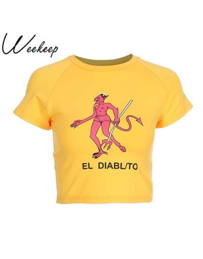 Weekeep Seksowna Szczupła Talia Przycięte Koszulkami Kobiet Moda Bawełna Cartoon Druku t koszula Lato Żółty Dzianiny Diabeł tshi