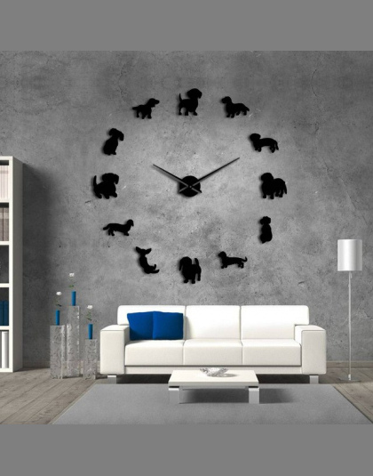 DIY Jamnik Wall Art Wiener-Dog Puppy Dog Pet Bezramowe Giant Zegar Ścienny Z Lustro Efekt Kiełbasa Pies Duży zegar Ścienny Zegar