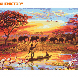 CHENISTORY Słoń Sunset Diy Malowanie Przez Numery Krajobraz Nowoczesne Wall Art Canvas Malarstwo Ręcznie Malowane Wyjątkowy Prez
