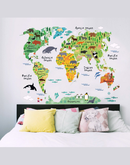 Śmieszne i Edukacyjne DIY Wymienny PCV Mural Tapety Zwierząt Mapa Świata Naklejki Ścienne Naklejka do Dekoracji Wnętrz 60X90 cm