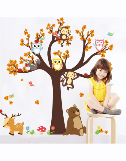 Cartoon Gałęzi Drzewa Las Zwierząt Sowa Małpa Bear Jelenie Wall Stickers Dla Dzieci Pokoje Chłopców Dziewcząt Dzieci Sypialnia H