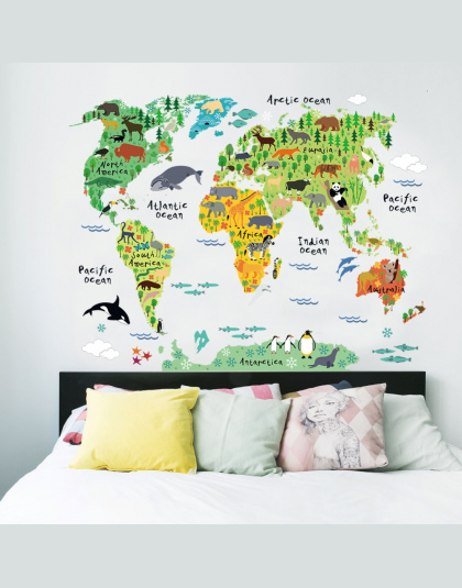 Kolorowe zwierząt mapa świata naklejki ścienne pokój dzienny dekoracje domu pcv naklejka mural art 037 diy biurowe ścienne dla d
