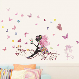 Piękna Dziewczyna Motyl Kwiat Wall Art Naklejka Dla Home Decor DIY Osobowość Mural Dziecko Pokój Przedszkole Dekoracje Drukuj Pl