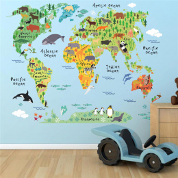 Nowy 037 cartoon animals mapa świata naklejki ścienne dla dzieci pokoje home office dekoracje naklejki ścienne pcv diy mural art