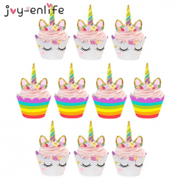 JOY-ENLIFE 24 sztuk Śliczne Rainbow Unicorn Cupcake Ciasto Owijarki Toppery Kids Dzieci Urodziny Baby Shower Party Dekoracyjne M
