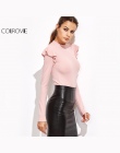 COLROVIE Kobiety Bluzki Koreański Style Moda Bluzki Kobiety Streetwear Różowy Frill Mock Szyi Wykończenia Body Z Długim Rękawem
