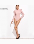 COLROVIE Kobiety Bluzki Koreański Style Moda Bluzki Kobiety Streetwear Różowy Frill Mock Szyi Wykończenia Body Z Długim Rękawem