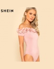 SHEIN Sexy Body Różowy Krótki Rękaw Połowy Talia Party Wear Skinny Body Kwiat Aplikacja Off the Shoulder Body