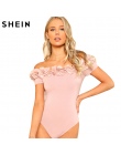 SHEIN Sexy Body Różowy Krótki Rękaw Połowy Talia Party Wear Skinny Body Kwiat Aplikacja Off the Shoulder Body