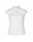 FeiTong Elegancka kobieca szyfonowa bluzka kobiety Splice koronki golfem letnie kobiety bluzka biały Casual bluzka z krótkim ręk