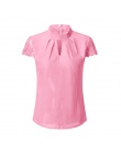 FeiTong Elegancka kobieca szyfonowa bluzka kobiety Splice koronki golfem letnie kobiety bluzka biały Casual bluzka z krótkim ręk