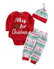 Mój Pierwszy Boże Narodzenie 3 SZTUK Cute Baby Chłopcy Dziewczęta Xmas Red Romper bluzki Z Długim Rękawem Spodnie Legging Hat Ou
