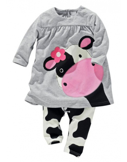Gorąca sprzedaż baby girl ubrania dziewczynek dwa kawałki ustawić bawełna kreskówka krowa dziewczyny pełna rękaw + spodnie dla d