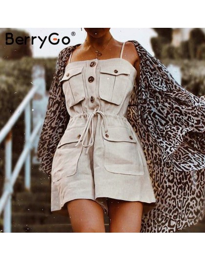 BerryGo pasek kobiety kombinezon lato romper kieszenie lace up przycisk krótki kombinezon damski w stylu Vintage luźne ogólnie s