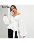 SHEIN białe biuro Lady elegancki latarnia rękaw nadrukiem Peplum Off the Shoulder solidna bluzka jesień Sexy kobiety popy i bluz