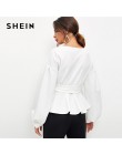 SHEIN białe biuro Lady elegancki latarnia rękaw nadrukiem Peplum Off the Shoulder solidna bluzka jesień Sexy kobiety popy i bluz