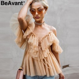 BeAvant Off ramię kobiet popy i bluzki lato 2019 Backless sexy peplum top kobiet w stylu Vintage wzburzyć mesh bluzka koszula bl