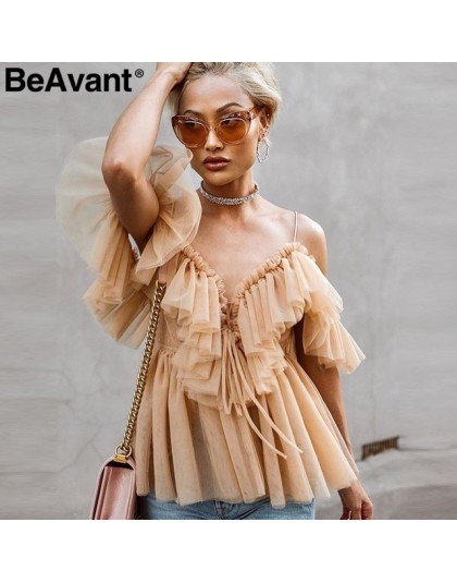 BeAvant Off ramię kobiet popy i bluzki lato 2019 Backless sexy peplum top kobiet w stylu Vintage wzburzyć mesh bluzka koszula bl