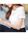 Lato kobiety biała koronkowa bluzka z krótkim rękawem Plus Size koreański szydełka wokół szyi Hollow Out topy koszula Camisas Fe