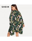 SHEIN Multicolor tropikalny dżungla liść drukuj Batwing rękawem Kimono 2019 kobiety lato z długim rękawem, w którym znajduje się