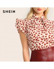 SHEIN elegancki czerwony łuk krawat szyi wzburzyć wykończenia płatek drukuj bluzka kobiety lato 2019 urząd Lady odzież robocza b