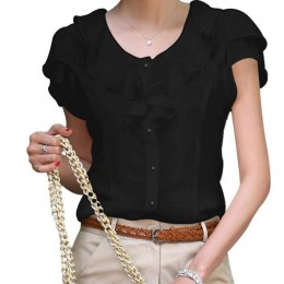 5XL Plus Size nowe letnie kobiety Blusas moda z krótkim rękawem szyfonowa bluzka z żabotem stałe białe topy Blusas dorywczo lato