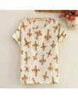 CUHAKCI letnie kobiety słonecznik ptak poliester drukuj bluzka Plaid koszula w paski krzyż miłość bluzka z krótkim rękawem gwiaz