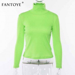Fantoye fluorescencyjny zielony Turtuleneck sweter z dzianiny kobiet jesień zima na co dzień z długim rękawem prążkowany sweter 
