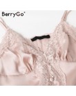 BerryGo Sexy koronki białe satynowe camis lato kamizelka Spaghetti pasek różowy tank tops kobiety eleganckie guziki streetwear k