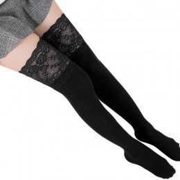 Modne elastyczne zakolanówki damskie wygodne bawełniane wykończone koronką długie za kolano w prążek