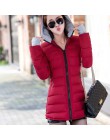 Ciepłe kurtki zimowe kobiety moda bawełna wyściełane parki na co dzień długi płaszcz z kapturem zagęścić zamek Slim Fit Plus roz