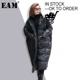 [EAM] 2019 nowy zimowy z kapturem z długim rękawem jednolity kolor czarny z bawełny wyściełane ciepłe luźne duży rozmiar kurtka 