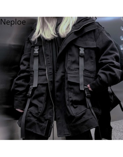 Neploe koreański Streetwear Harajuku czarny Denim kurtka ponadgabarytowych kieszenie kobiety dżinsy kurtki luźne BF w stylu Vint