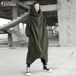 Damskie płaszcze z kapturem kurtki 2019 ZANZEA Plus Size kobiet z długim rękawem Zip długie kurtki damskie zimowe odzieży wierzc