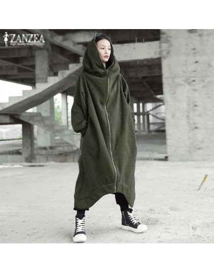 Damskie płaszcze z kapturem kurtki 2019 ZANZEA Plus Size kobiet z długim rękawem Zip długie kurtki damskie zimowe odzieży wierzc