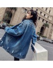 YOCALOR moda luźne frezowanie dziura myte Denim jeansowa kurtka kobiety Chaqueta Mujer Streetwear jesień długi płaszcz kobieta z