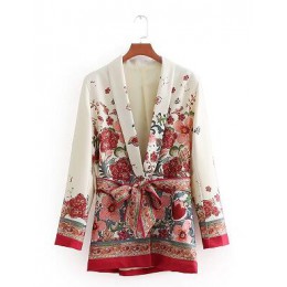 2018 kobiety w stylu Vintage Retro czerwony kwiatowy nadruk Kimono garnitur kurtka damska talia bowknot sashes znosić business c