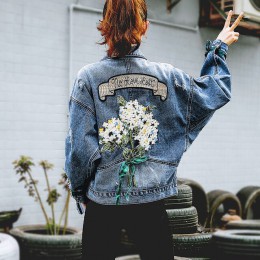 2019 jesień hafty kwiat Cowboy luźny płaszcz kobiet Denim jeansowa kurtka kobiety Chaqueta Mujer Streetwear chłopaka duże rozmia