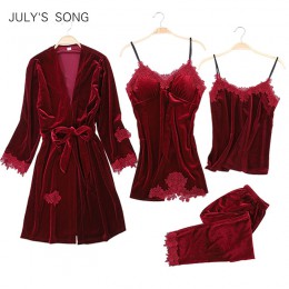 Piosenka JULY'S 2019 złota aksamitna 4 sztuk ciepłe zimowa piżama ustawia kobiety seksowny szlafrok z koronką piżamy bielizna no