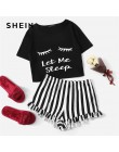 SHEIN czarny Graphic Tee z frędzlami w paski szorty PJ wokół szyi, krótki rękaw zestaw 2019 Summer kobiet Patchwork bielizna noc