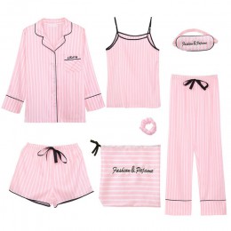 Piosenka JULY'S różowe damskie 7 sztuk piżamy zestawy emulacji jedwabne paski piżamy kobiety bielizna nocna ustawia wiosna lato 