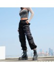 Sweetown czarne spodnie Cargo moda damska 2019 kieszenie Patchwork Hippie spodnie fałszywy zamek tkane wysokiej talii spodnie St